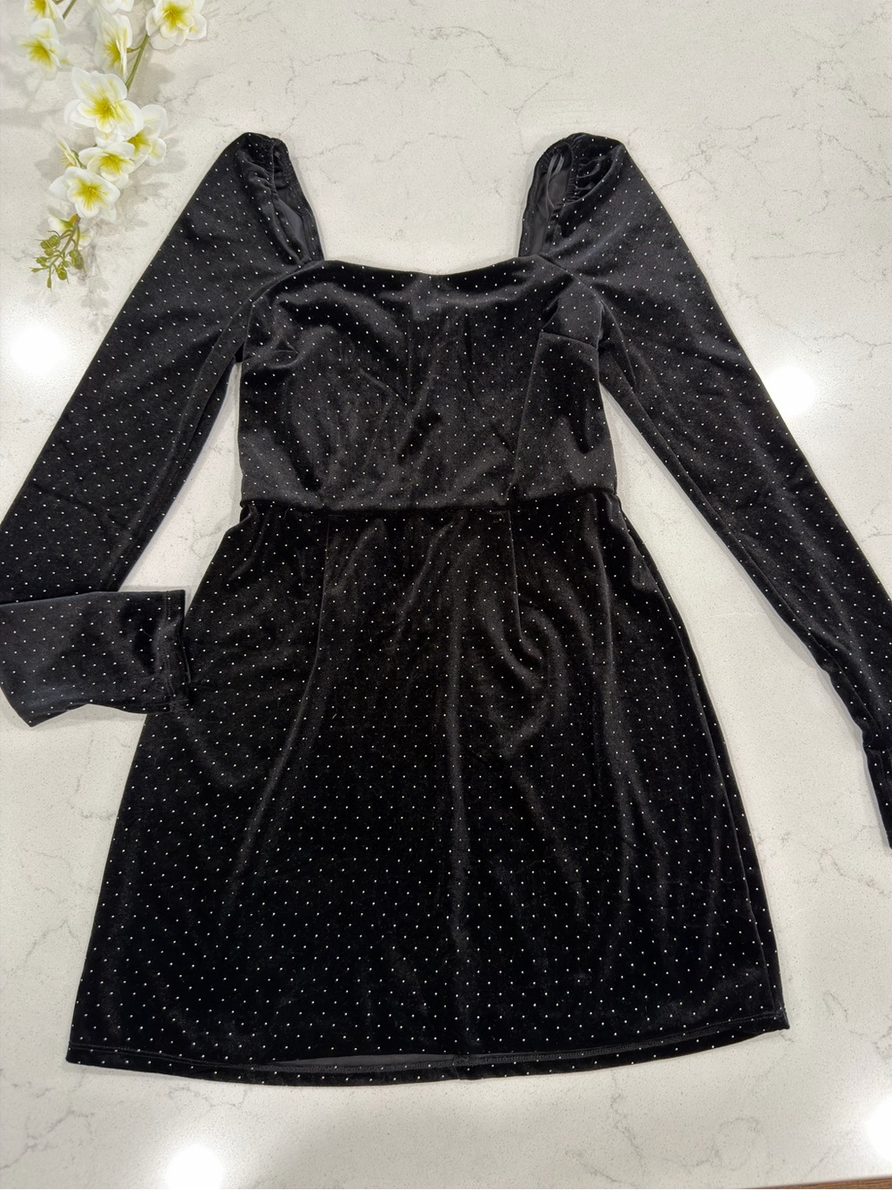 miami Black Velvet Long Sleeve Mini Dress with Silver Dot Detail